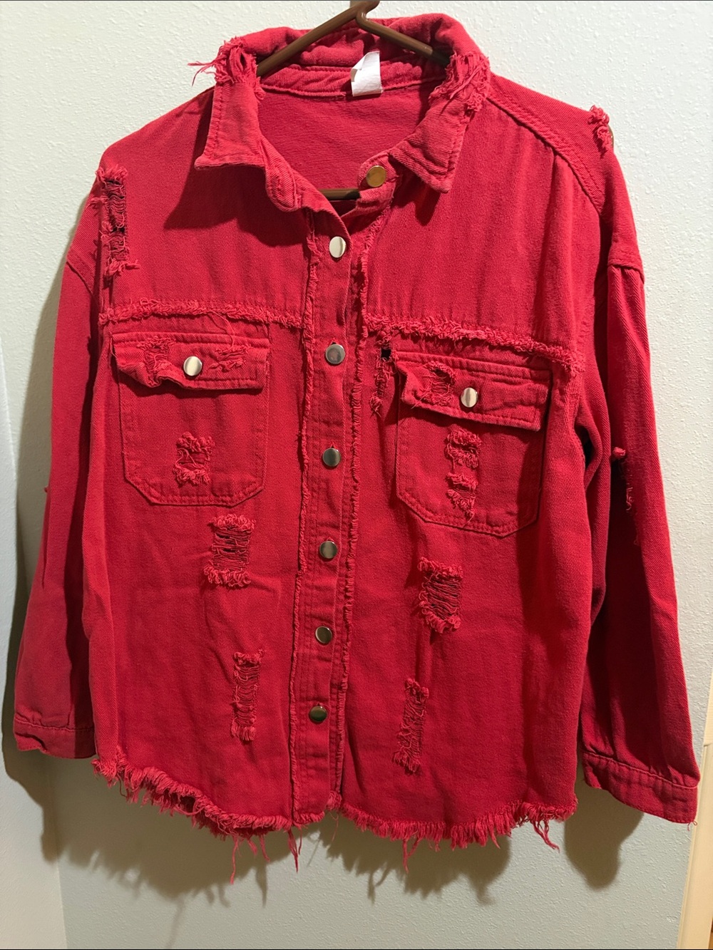 Red frayed distressed Jean jacket (size small)
